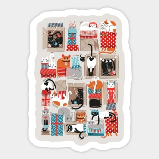 Purfect Christmas gifts // spot // beige background cute cats in cardboard red and teal wrapped boxes and holiday ornaments ribbons balls and lights Sticker
